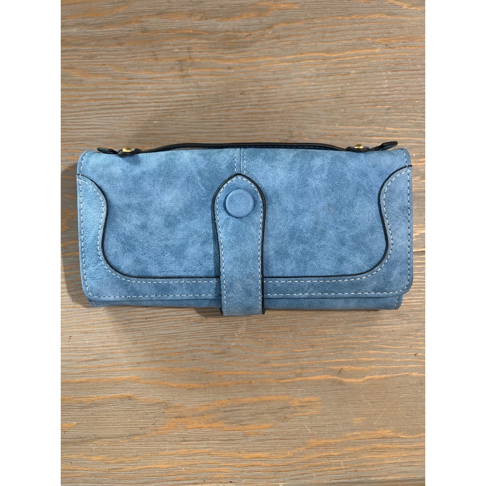 Blue Faux Suede Wallet Clutch Organizer Card Holder‎ Snap Closure